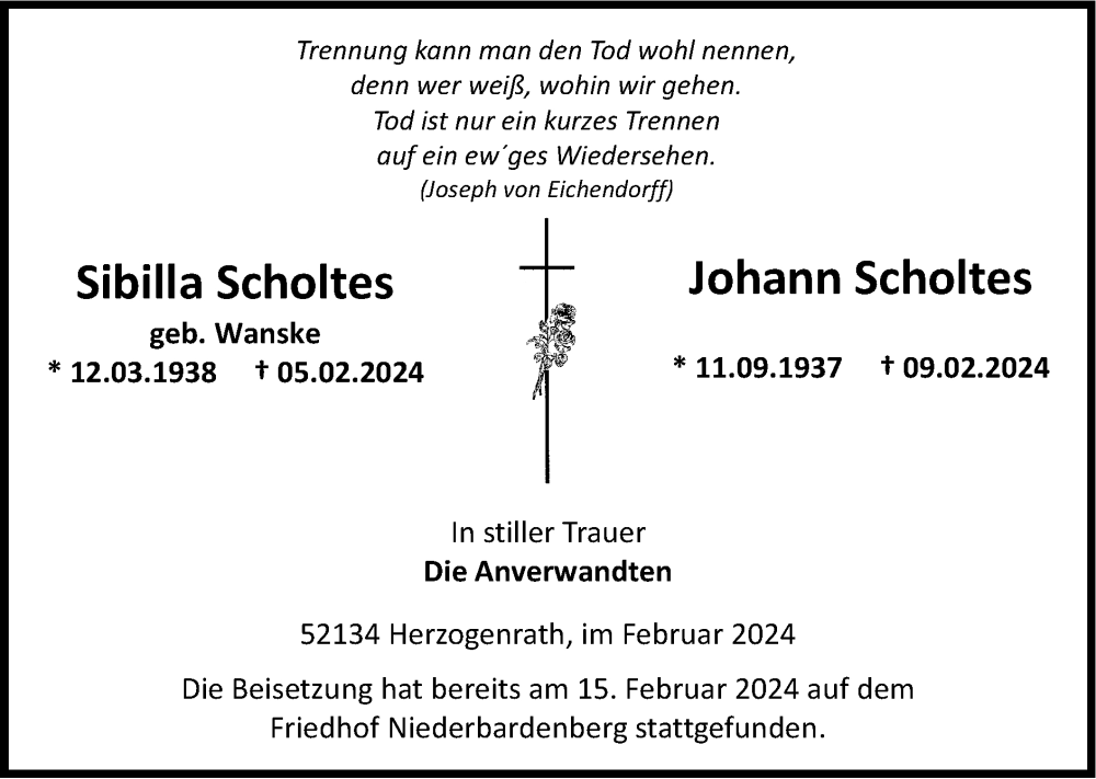  Traueranzeige für Johann Scholtes vom 18.02.2024 aus Zeitung am Sonntag