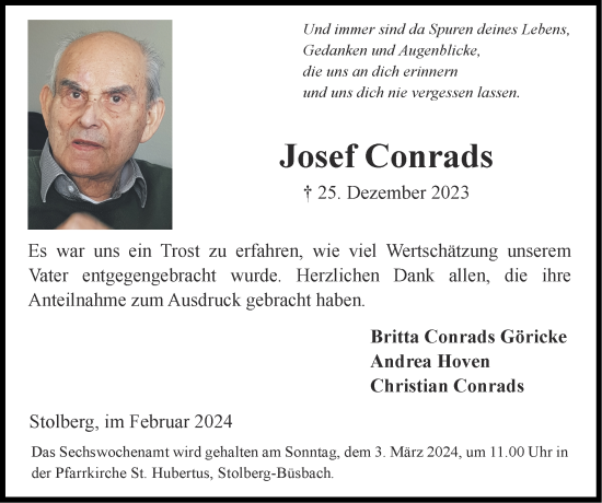 Traueranzeige von Josef Conrads von Zeitung am Sonntag