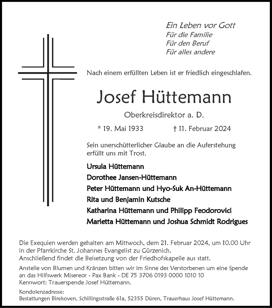  Traueranzeige für Josef Hüttemann vom 18.02.2024 aus Zeitung am Sonntag
