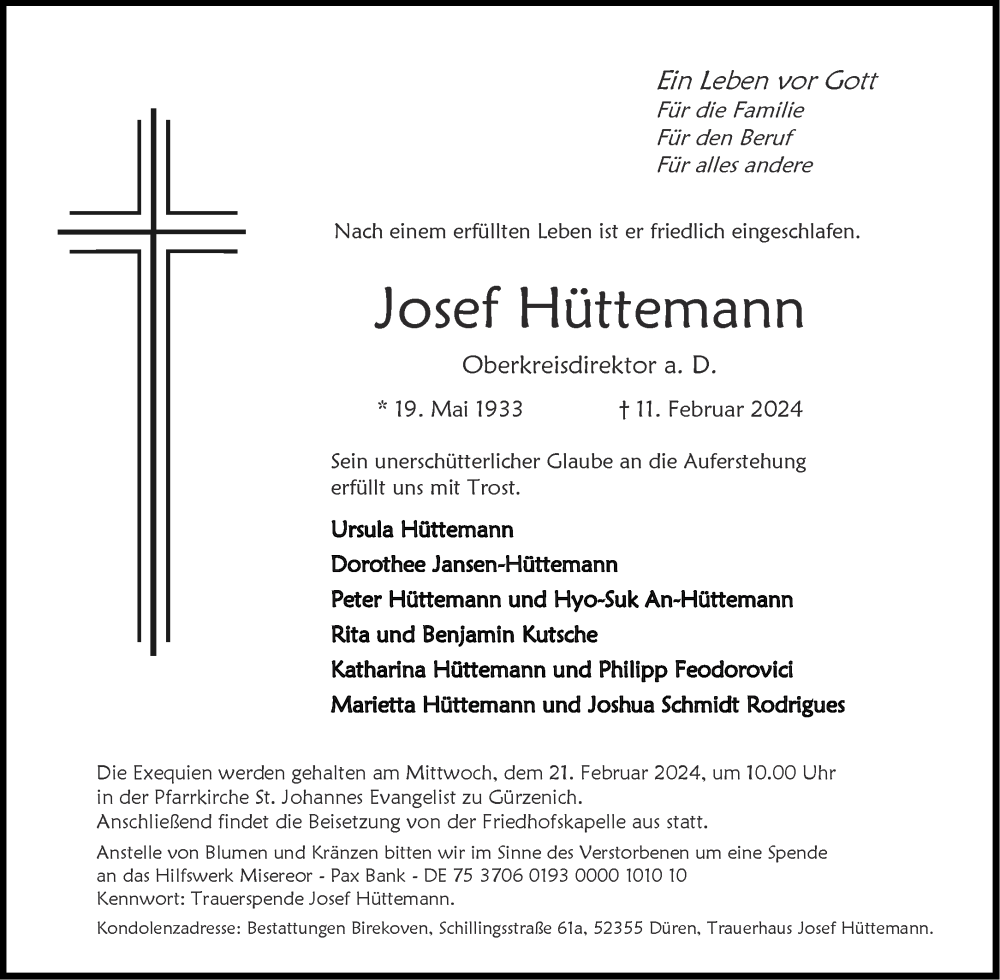  Traueranzeige für Josef Hüttemann vom 17.02.2024 aus Aachener Zeitung