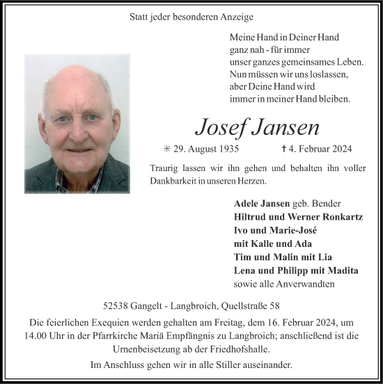 Traueranzeige von Josef Jansen von Zeitung am Sonntag