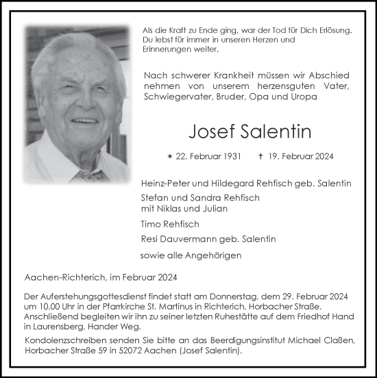 Traueranzeige von Josef Salentin von Zeitung am Sonntag