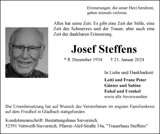 Traueranzeige von Josef Steffens von Zeitung am Sonntag