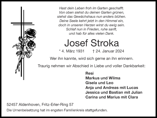 Traueranzeige von Josef Stroka von Zeitung am Sonntag