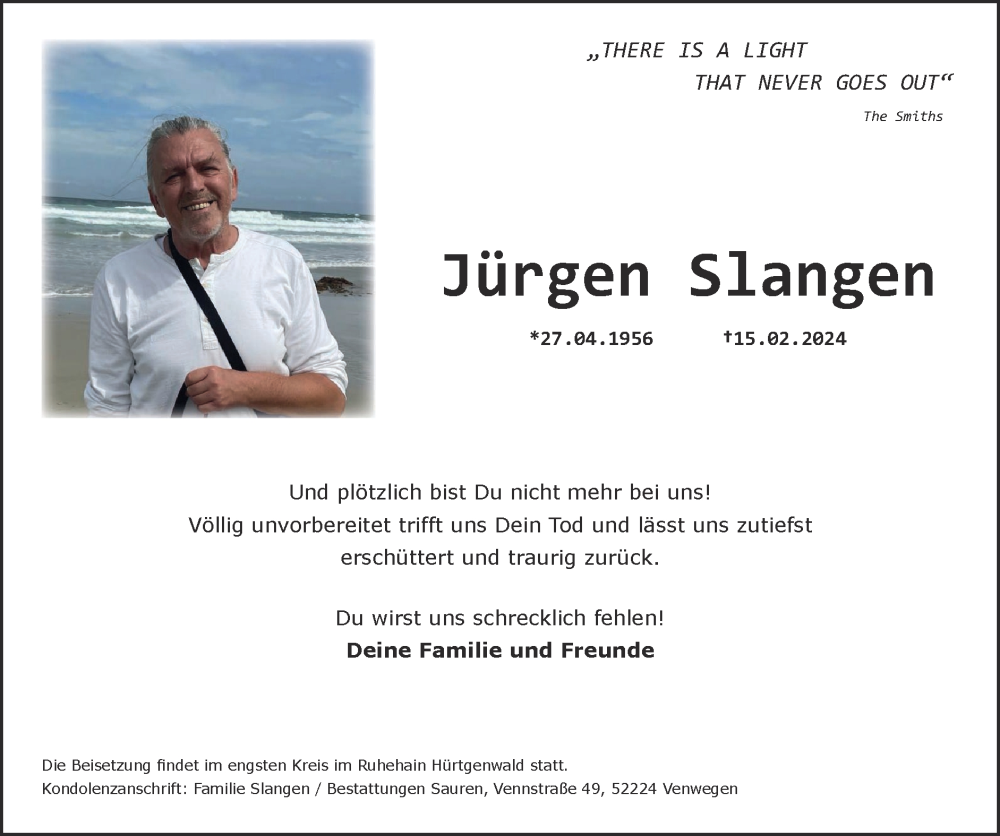  Traueranzeige für Jürgen Slangen vom 25.02.2024 aus Zeitung am Sonntag