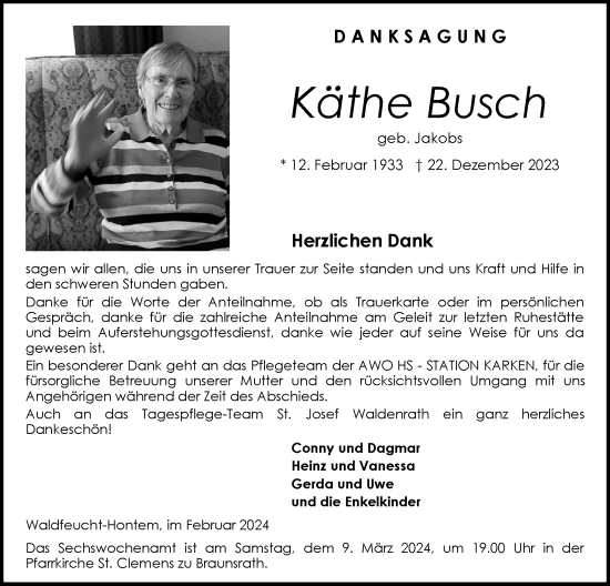 Traueranzeige von Käthe Busch von Zeitung am Sonntag