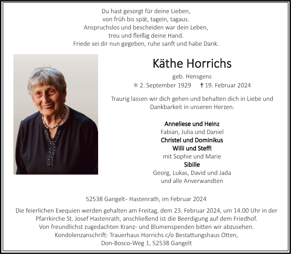  Traueranzeige für Käthe Horrichs vom 21.02.2024 aus Aachener Zeitung