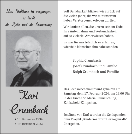 Traueranzeige von Karl Crumbach von Aachener Zeitung
