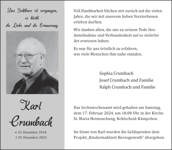 Traueranzeige von Karl Crumbach von Zeitung am Sonntag