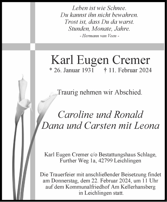 Traueranzeige von Karl Eugen Cremer von Aachener Zeitung
