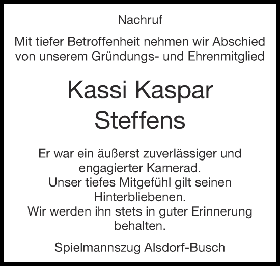 Traueranzeige von Kassi Kaspar Steffens von Zeitung am Sonntag