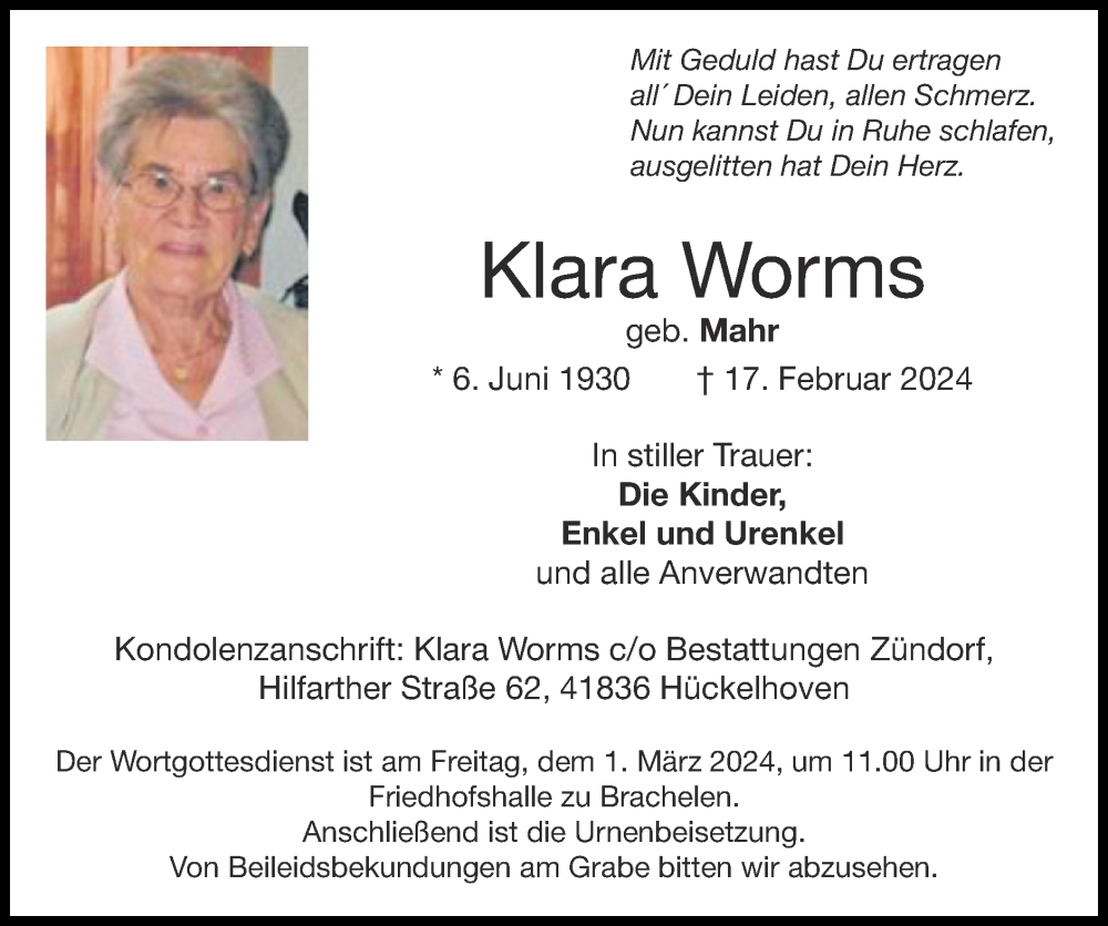  Traueranzeige für Klara Worms vom 25.02.2024 aus Zeitung am Sonntag