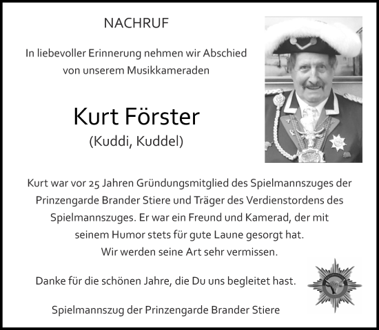 Traueranzeige von Kurt Förster von Zeitung am Sonntag