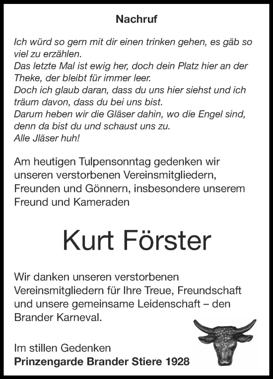 Traueranzeige von Kurt Förster von Zeitung am Sonntag