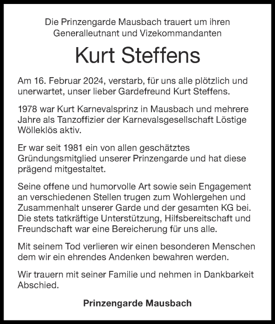 Traueranzeige von Kurt Steffens von Zeitung am Sonntag