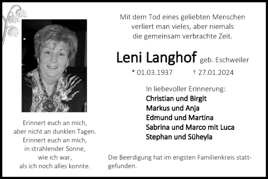 Traueranzeige von Leni Langhof von Zeitung am Sonntag