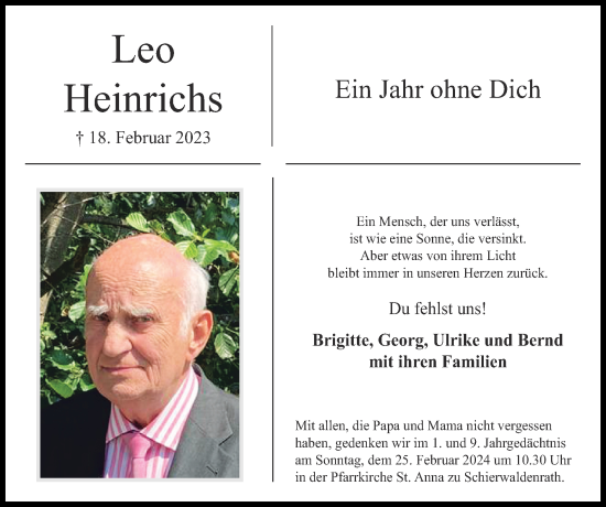 Traueranzeige von Leo Heinrichs von Zeitung am Sonntag