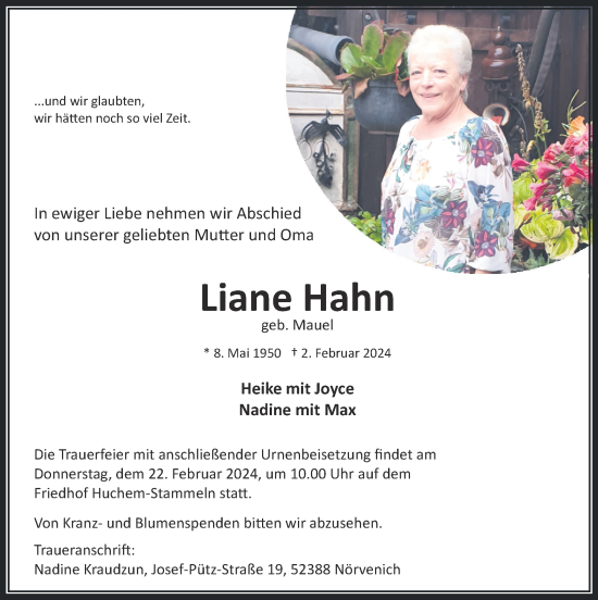 Traueranzeige von Liane Hahn von Zeitung am Sonntag