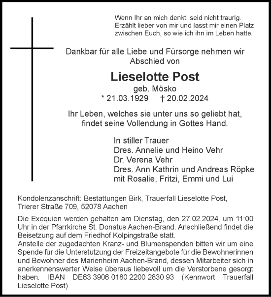 Traueranzeige von Lieselotte Post von Aachener Zeitung