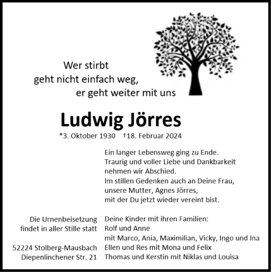 Traueranzeige von Ludwig Jörres von Zeitung am Sonntag