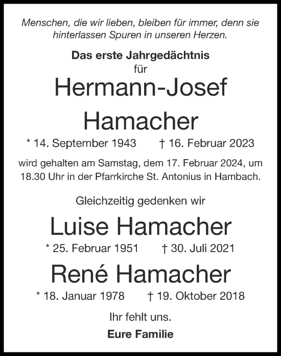 Traueranzeige von Luise Hamacher von Zeitung am Sonntag