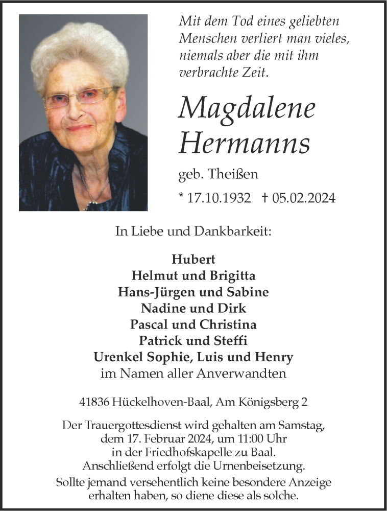  Traueranzeige für Magdalene Hermanns vom 10.02.2024 aus Aachener Zeitung
