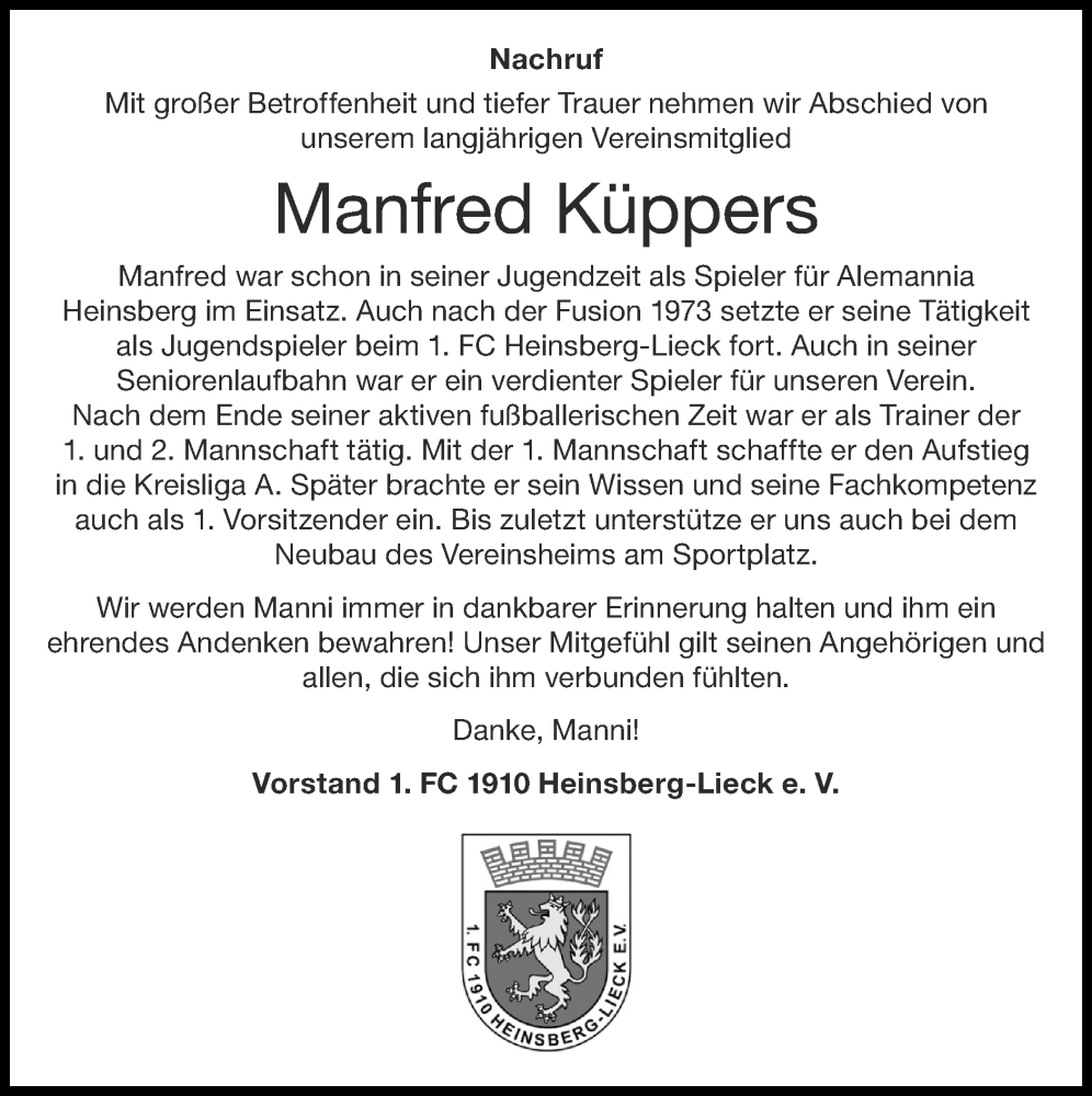  Traueranzeige für Manfred Küppers vom 04.02.2024 aus Zeitung am Sonntag