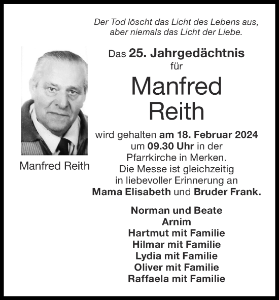 Traueranzeige von Manfred Reith von Zeitung am Sonntag