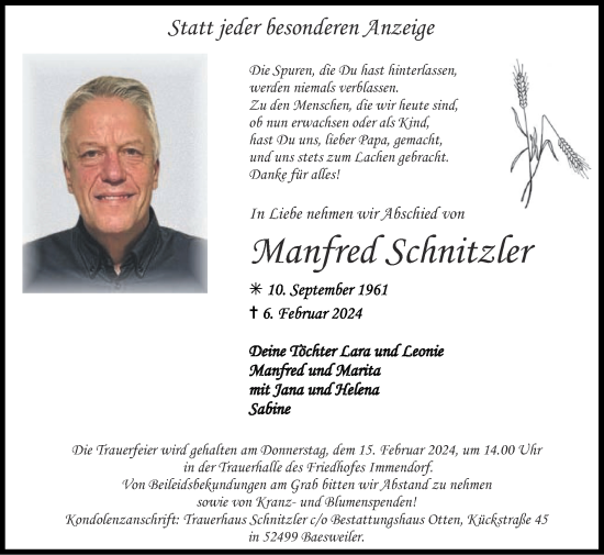 Traueranzeige von Manfred Schnitzler von Zeitung am Sonntag