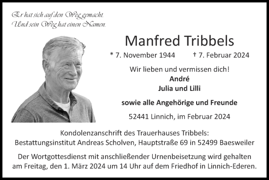 Traueranzeige von Manfred Tribbels von Zeitung am Sonntag