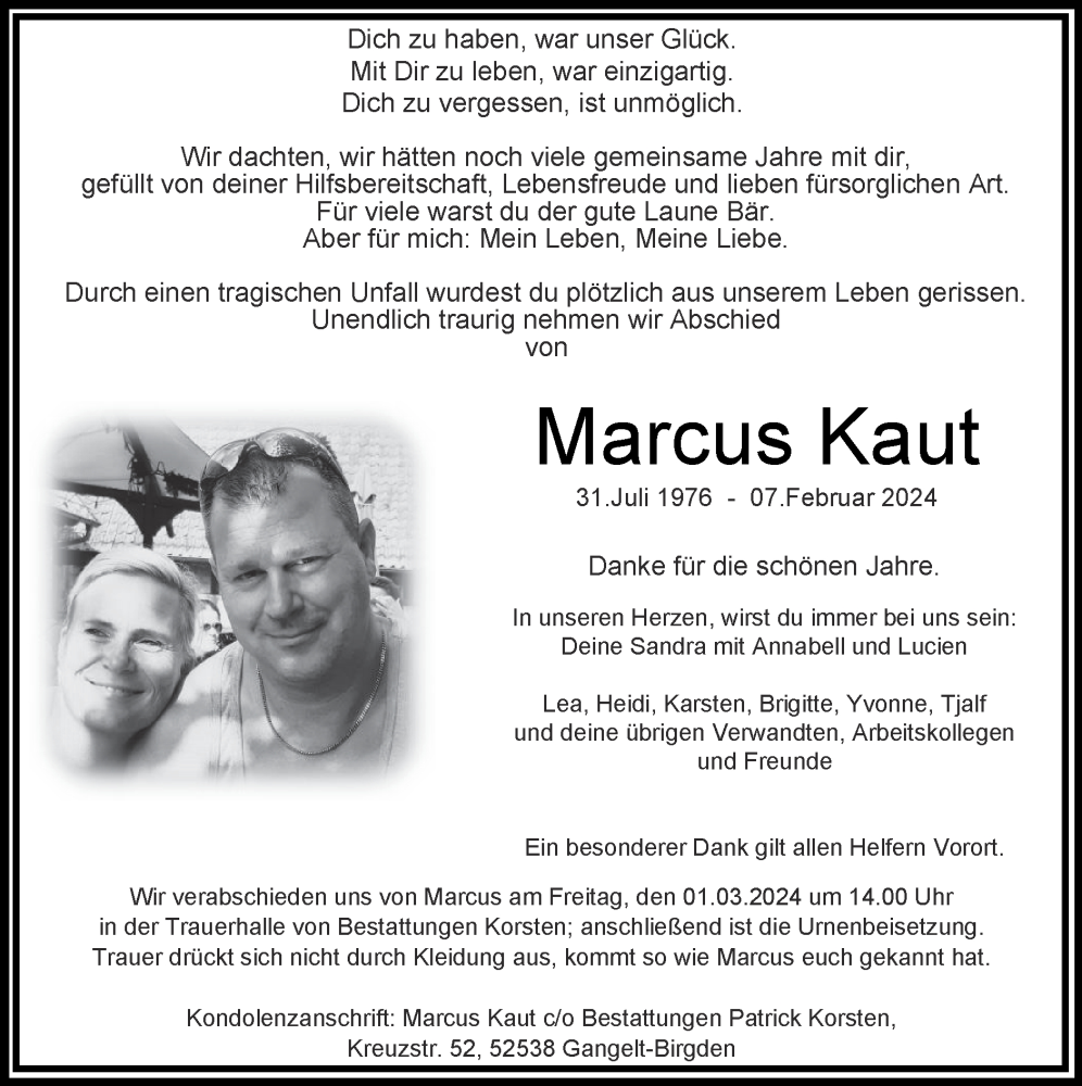  Traueranzeige für Marcus Kaut vom 25.02.2024 aus Zeitung am Sonntag