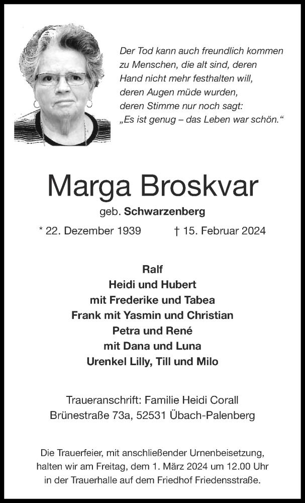  Traueranzeige für Marga Broskvar vom 25.02.2024 aus Zeitung am Sonntag
