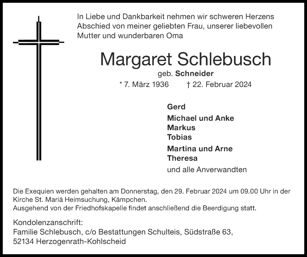  Traueranzeige für Margaret Schlebusch vom 25.02.2024 aus Zeitung am Sonntag