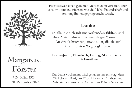 Traueranzeige von Margarete Förster von Zeitung am Sonntag