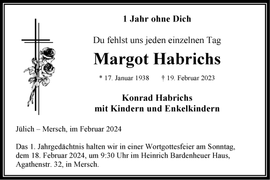 Traueranzeige von Margot Habrichs von Zeitung am Sonntag