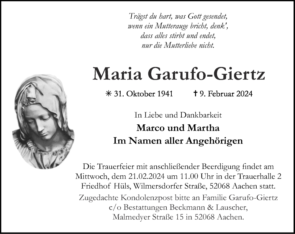  Traueranzeige für Maria Garufo-Giertz vom 18.02.2024 aus Zeitung am Sonntag