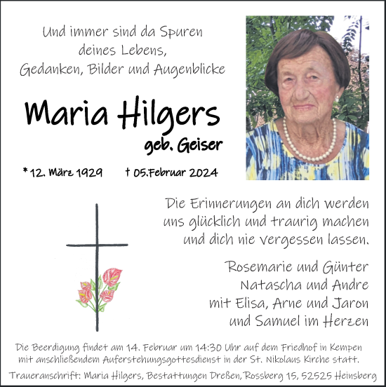 Traueranzeige von Maria Hilgers von Zeitung am Sonntag
