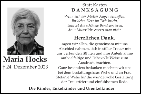 Traueranzeige von Maria Hocks von Zeitung am Sonntag