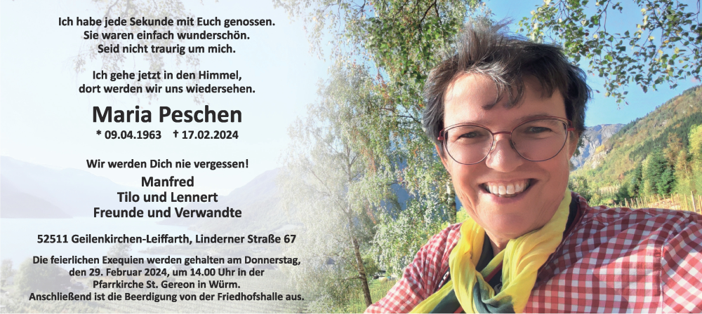  Traueranzeige für Maria Peschen vom 25.02.2024 aus Zeitung am Sonntag