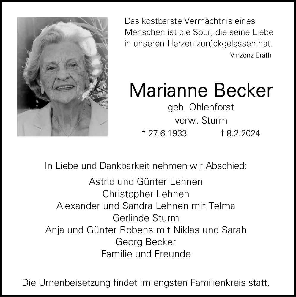  Traueranzeige für Marianne Becker vom 18.02.2024 aus Zeitung am Sonntag