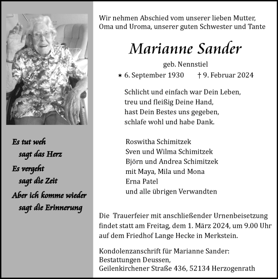 Traueranzeige von Marianne Sander von Zeitung am Sonntag