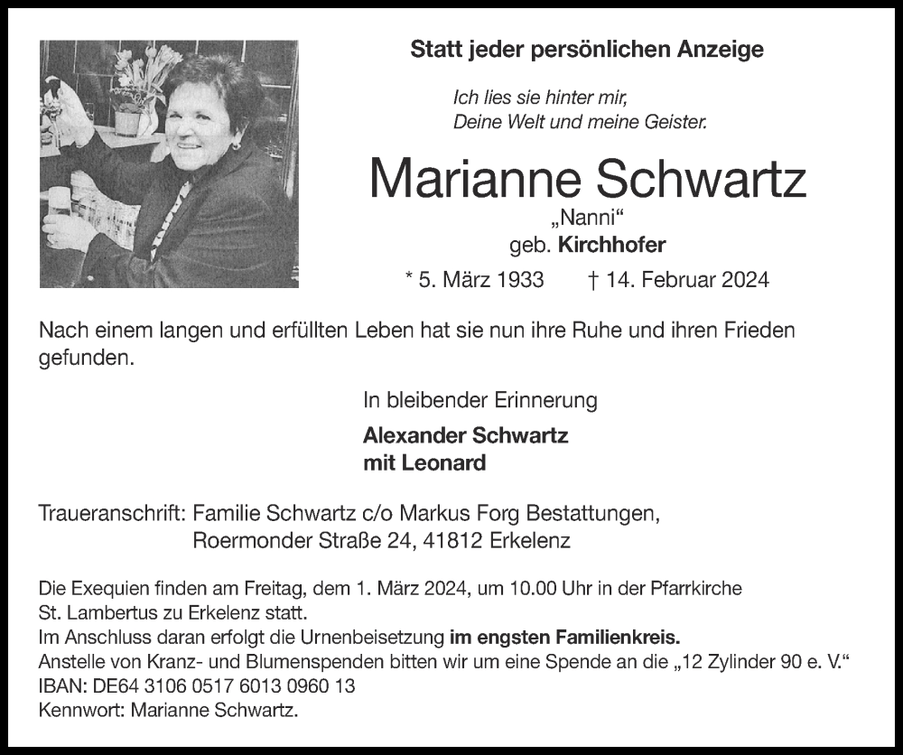  Traueranzeige für Marianne Schwartz vom 18.02.2024 aus Zeitung am Sonntag