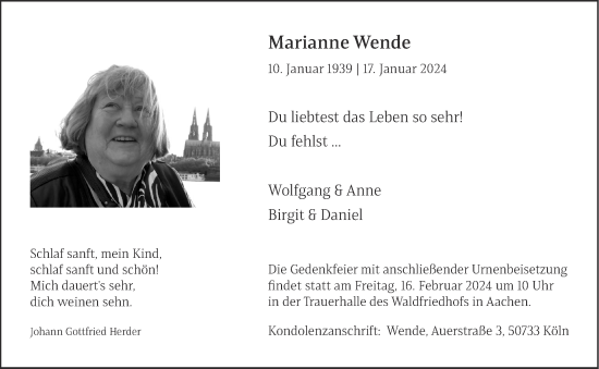Traueranzeige von Marianne Wende von Aachener Zeitung