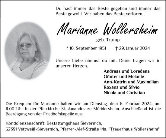 Traueranzeige von Marianne Wollersheim von Zeitung am Sonntag