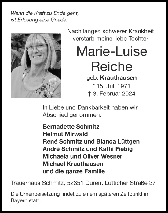 Traueranzeige von Marie-Luise Reiche von Zeitung am Sonntag