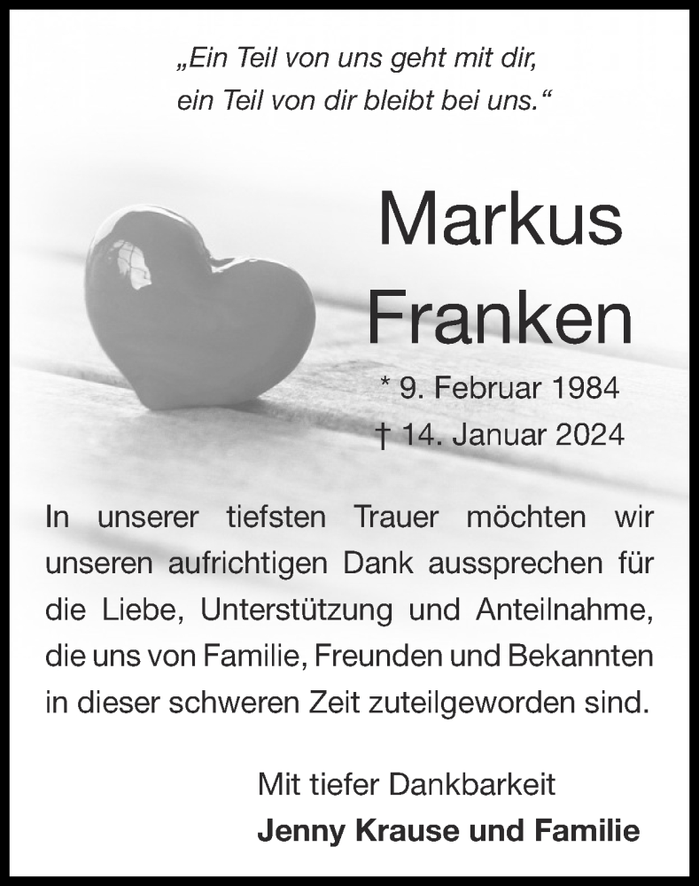  Traueranzeige für Markus Franken vom 25.02.2024 aus Zeitung am Sonntag