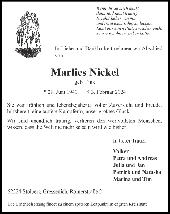 Traueranzeige von Marlies Nickel von Zeitung am Sonntag