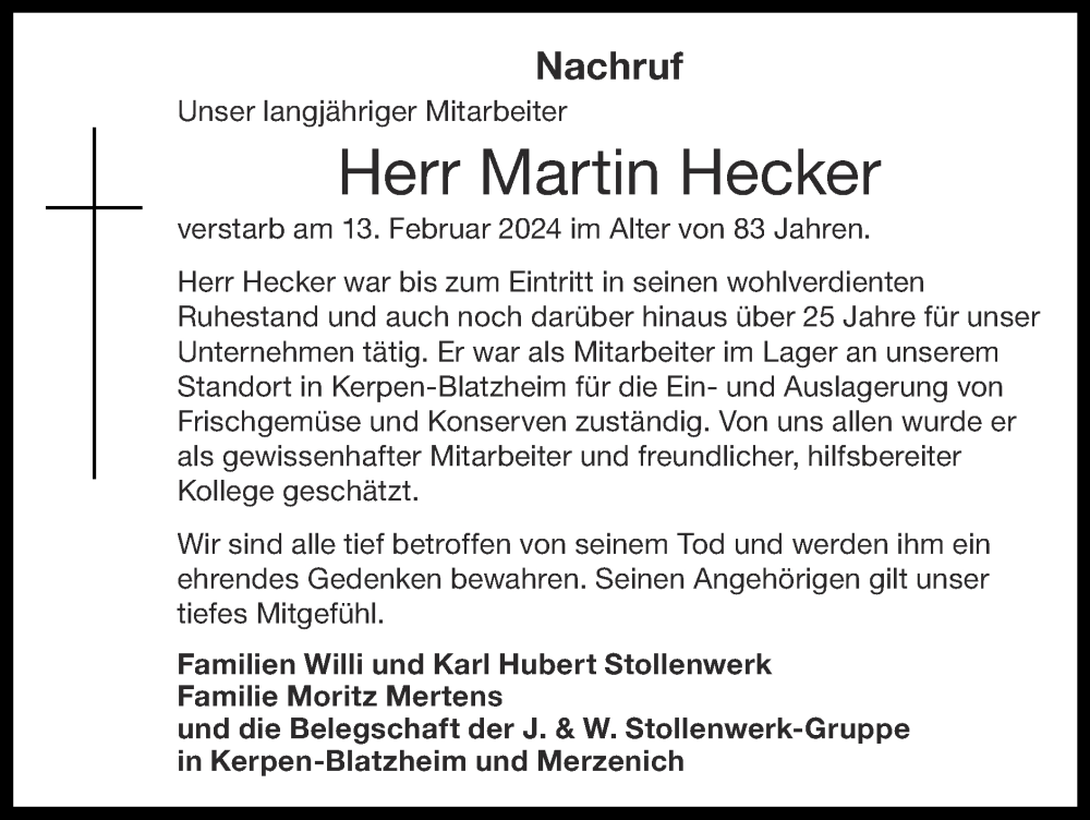  Traueranzeige für Martin Hecker vom 25.02.2024 aus Zeitung am Sonntag