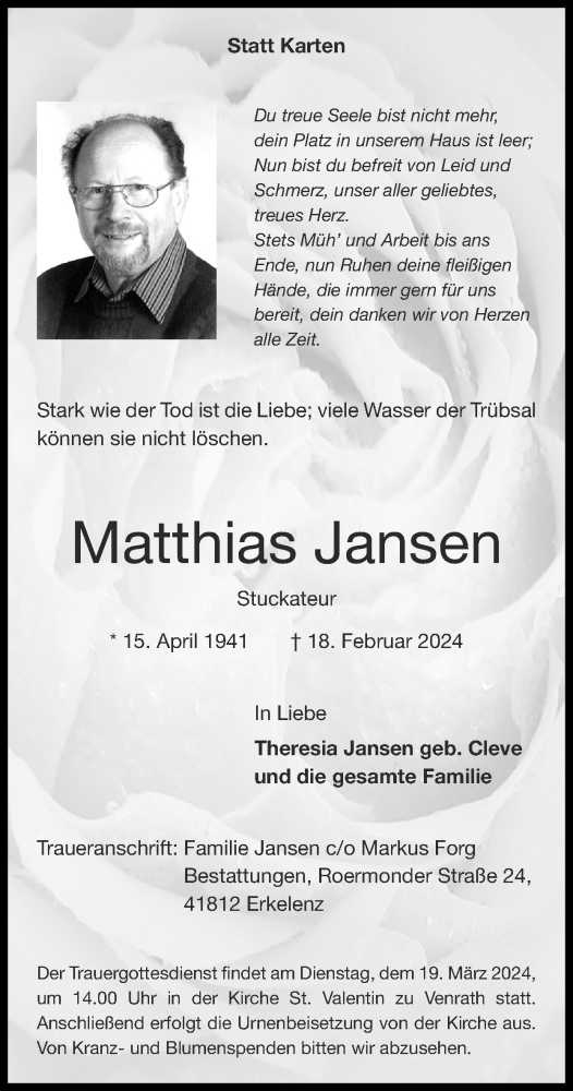  Traueranzeige für Matthias Jansen vom 25.02.2024 aus Zeitung am Sonntag