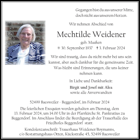 Traueranzeige von Mechtilde Weidener von Zeitung am Sonntag